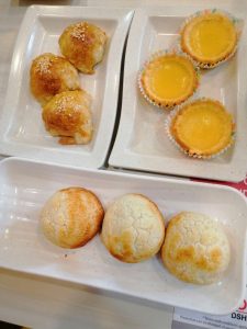 Egg tarts, baked salted egg custard bun and baked bbq pork pastry